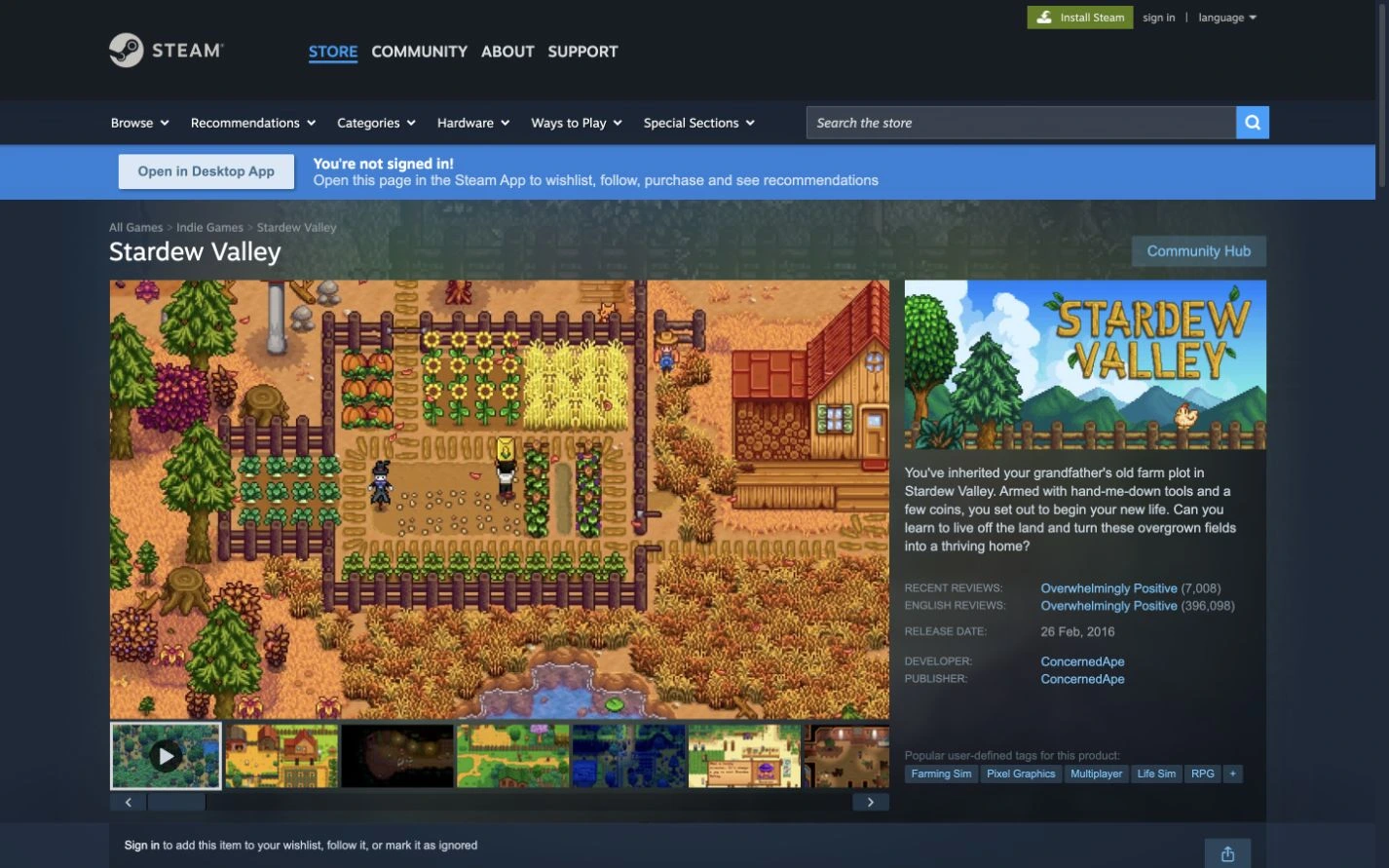 Official Stardew Valley Steam store with the game logo, ConcernedApe developer credit and February 26, 2016 base-game release date