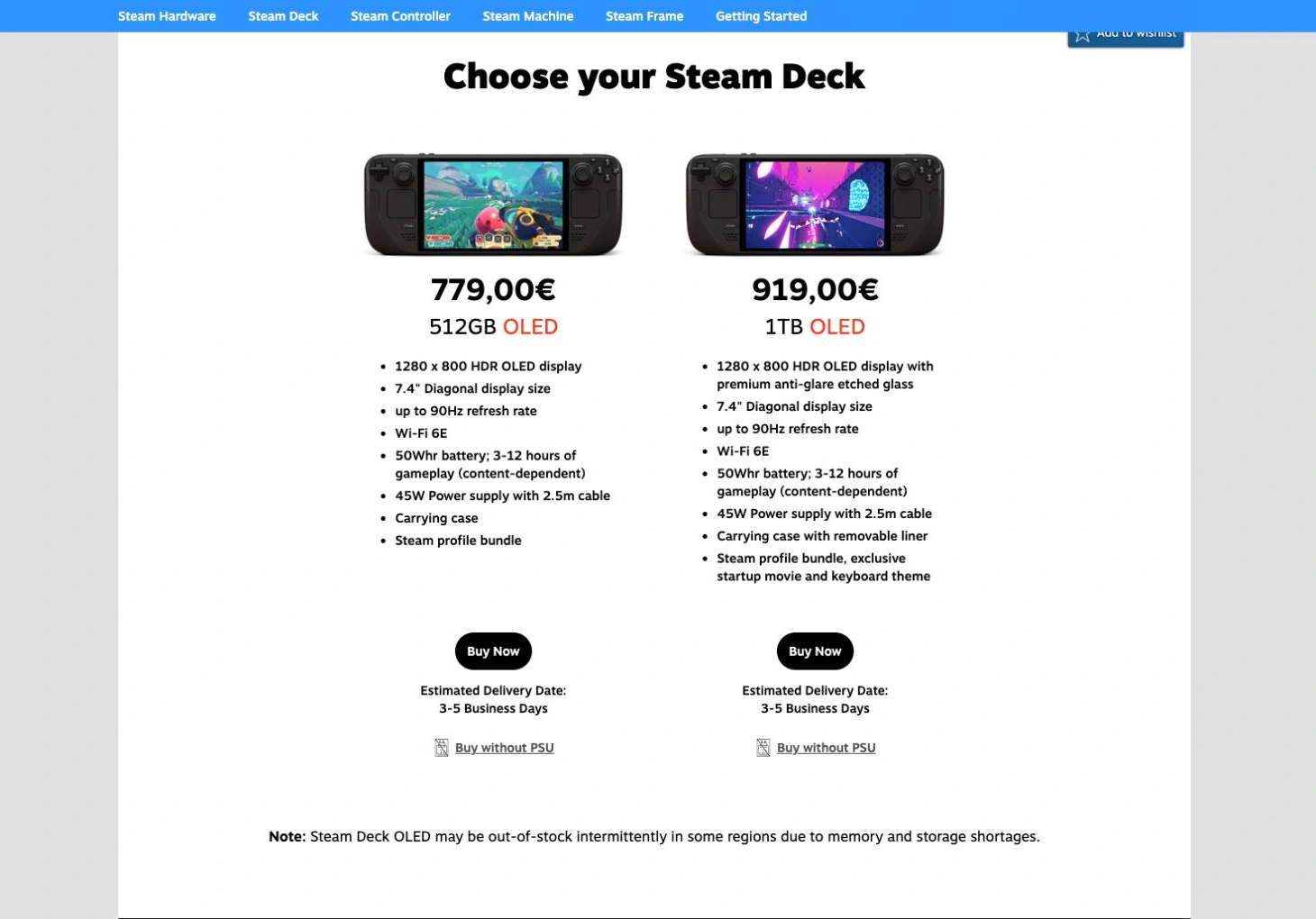 Steam's new Steam Deck listings show two OLED models with Buy Now buttons and regional availability information