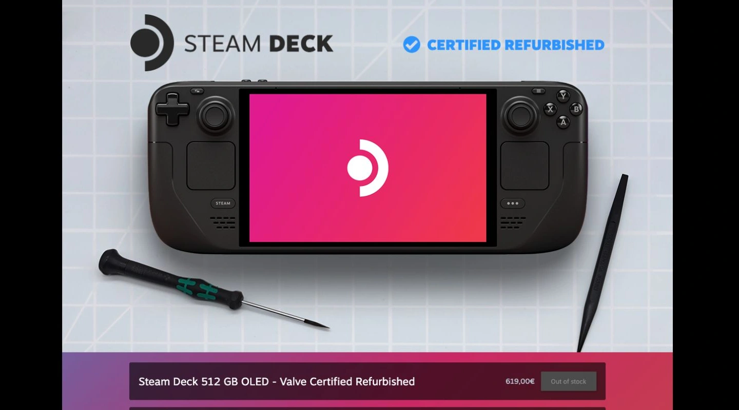 Steam Deck Certified Refurbished branding above a 512GB OLED listing marked Out of stock
