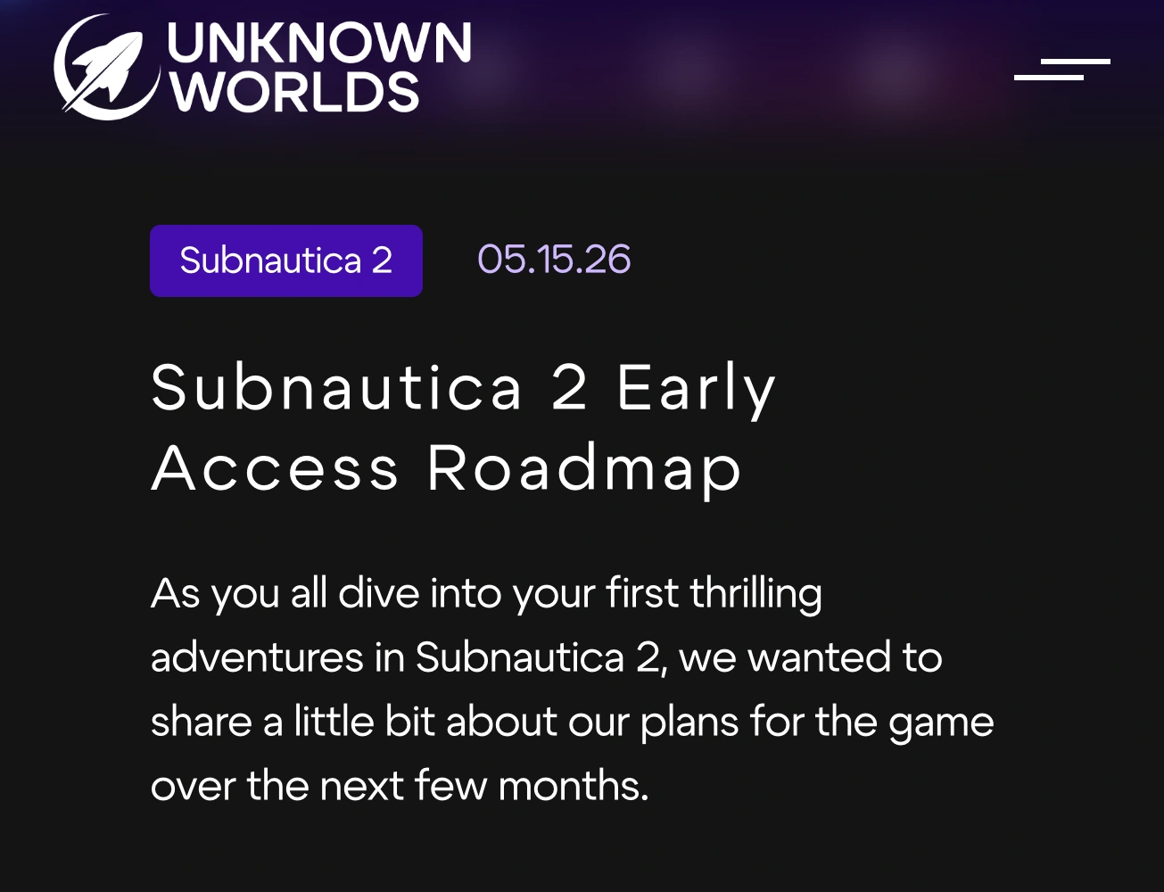 Unknown Worlds' official roadmap announcement dated May 15, 2026, introducing its plans for the coming months