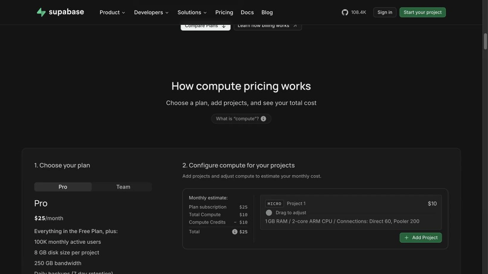 Supabase pricing calculator showing a 25 dollar Pro plan, 10 dollar Micro compute charge, and 10 dollar compute credit
