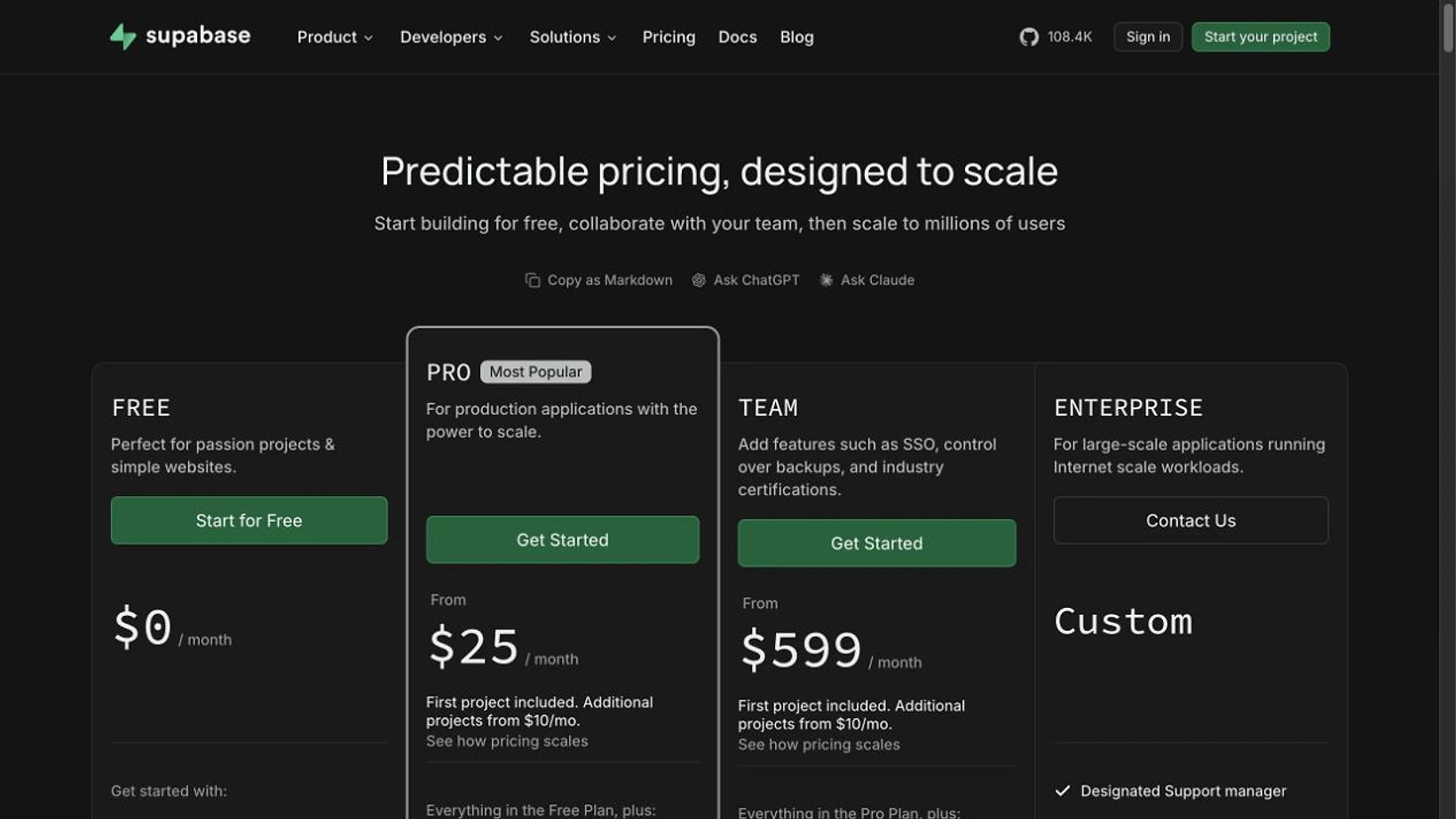Supabase pricing page showing Free, Pro, and Team plan cards with current starting prices