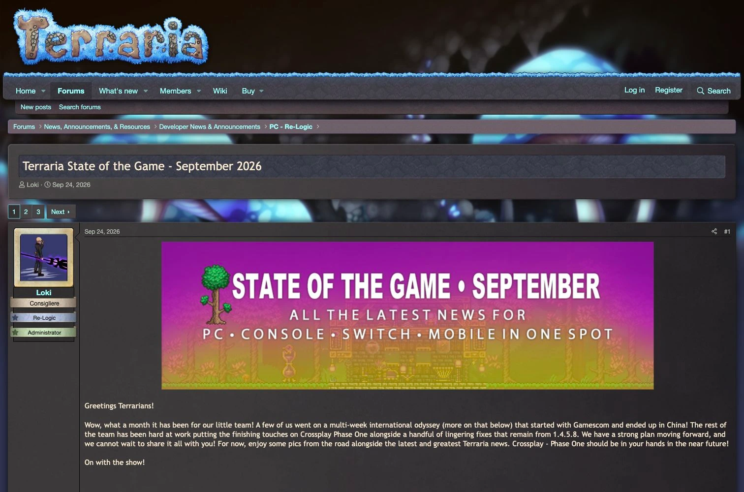 Official Terraria Community Forums page showing the September 2026 State of the Game, its publication date and Re-Logic's Crossplay Phase One introduction