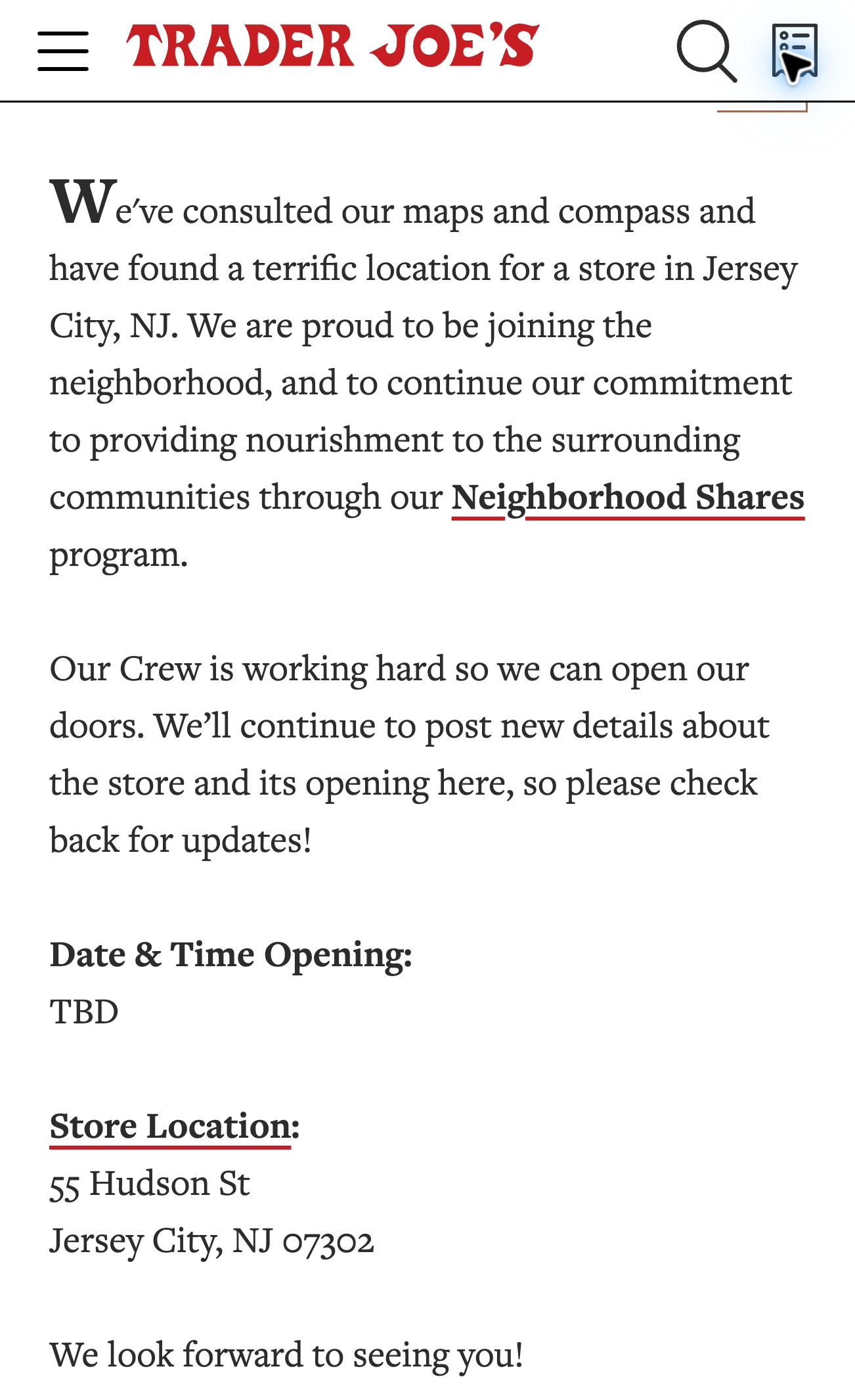 Trader Joe’s official Jersey City announcement showing the 55 Hudson St address and an opening date and time of TBD