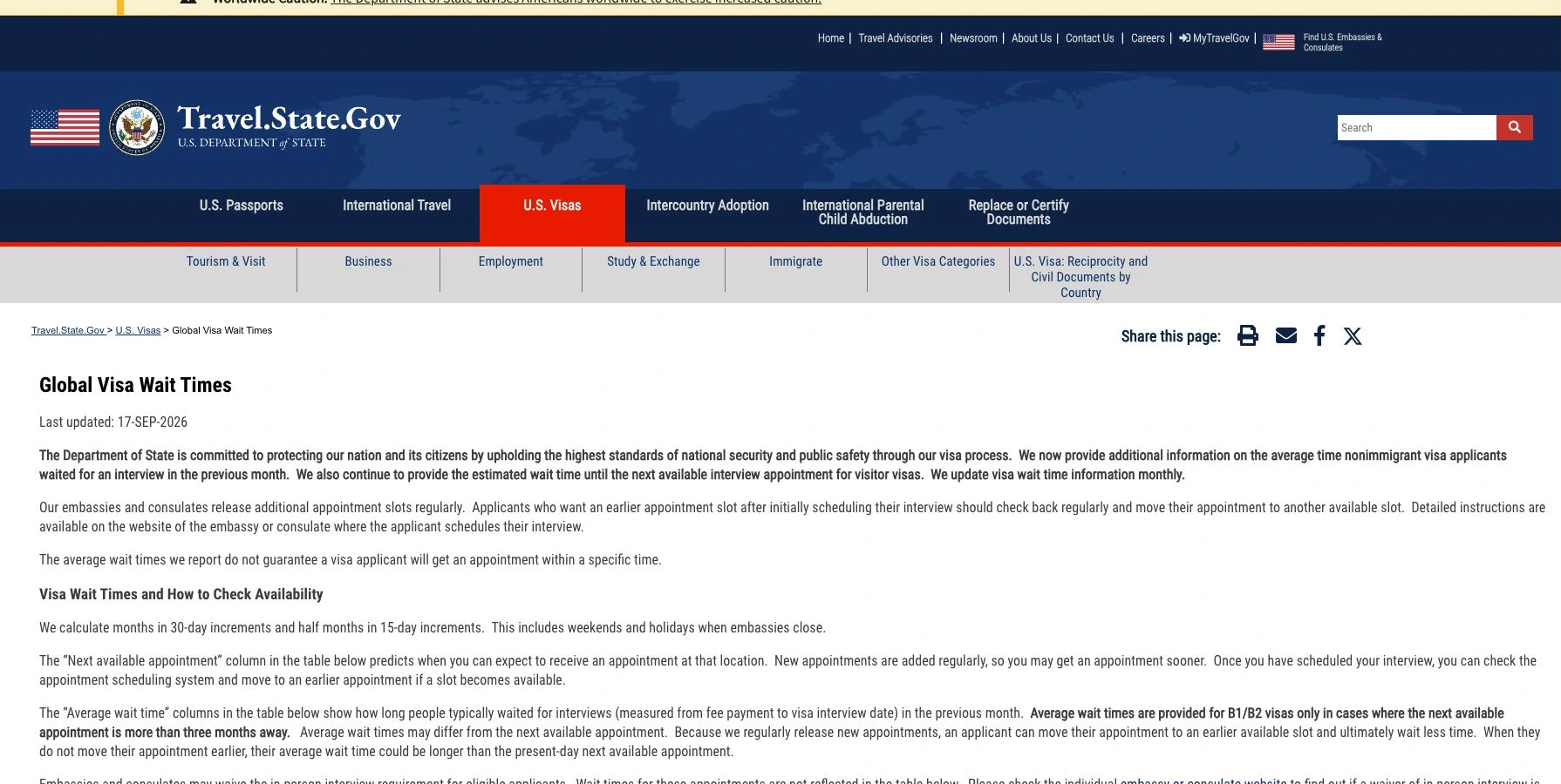 Travel.State.Gov branding and the Global Visa Wait Times page showing its September 17, 2026 update date