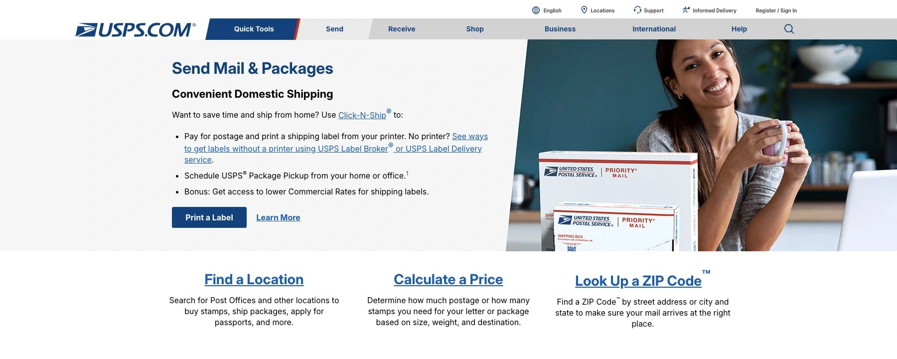 USPS official Send Mail and Packages page reached from the holiday deadline link