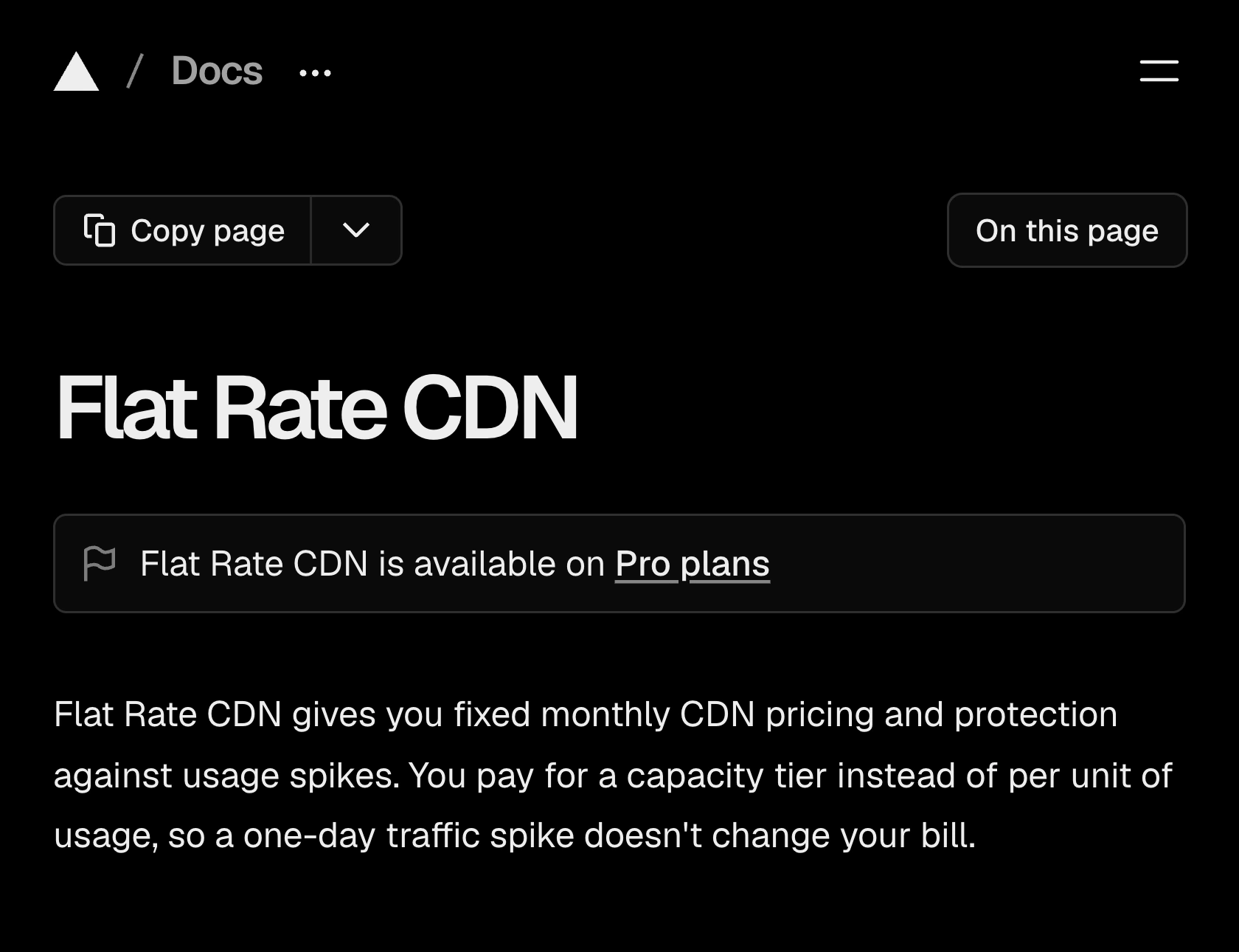 Vercel documentation explains fixed monthly CDN pricing and protection against one-day traffic spikes