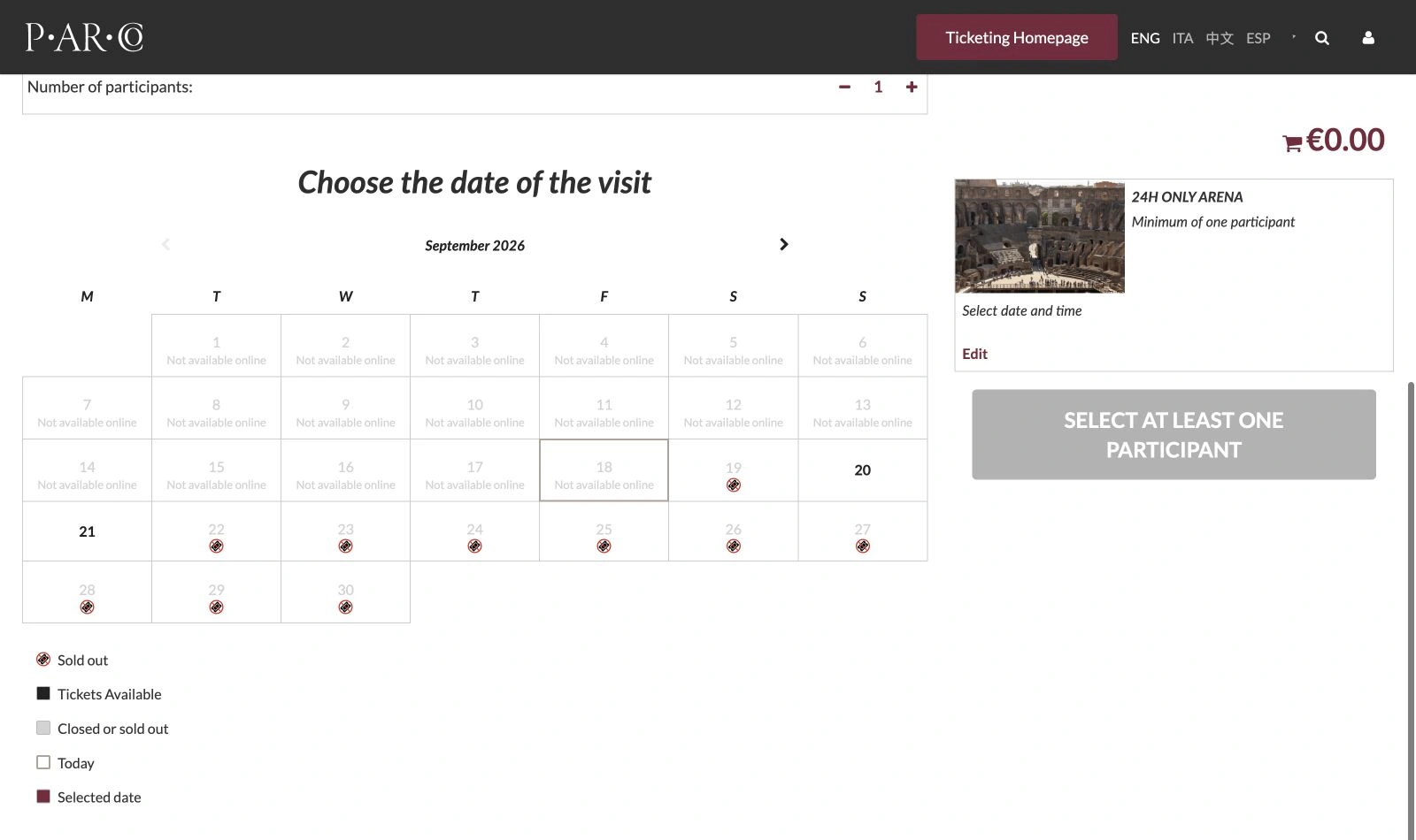 PArCo's September 2026 Only Arena calendar shows available dates, sold-out symbols and the state legend