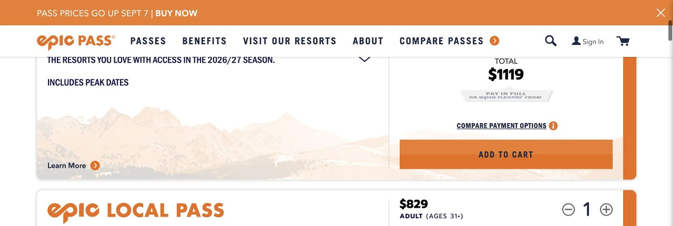 Official Epic Pass storefront showing the September 7 deadline, $1,119 Epic Pass total, and $829 Epic Local price