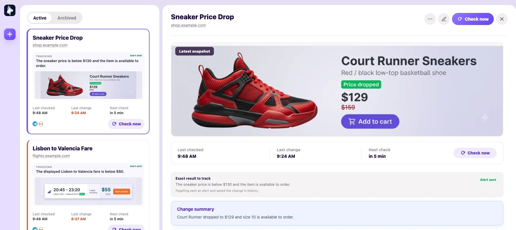 Current PageDog price-watch screen showing exact goal, latest price evidence, alert result, and change summary