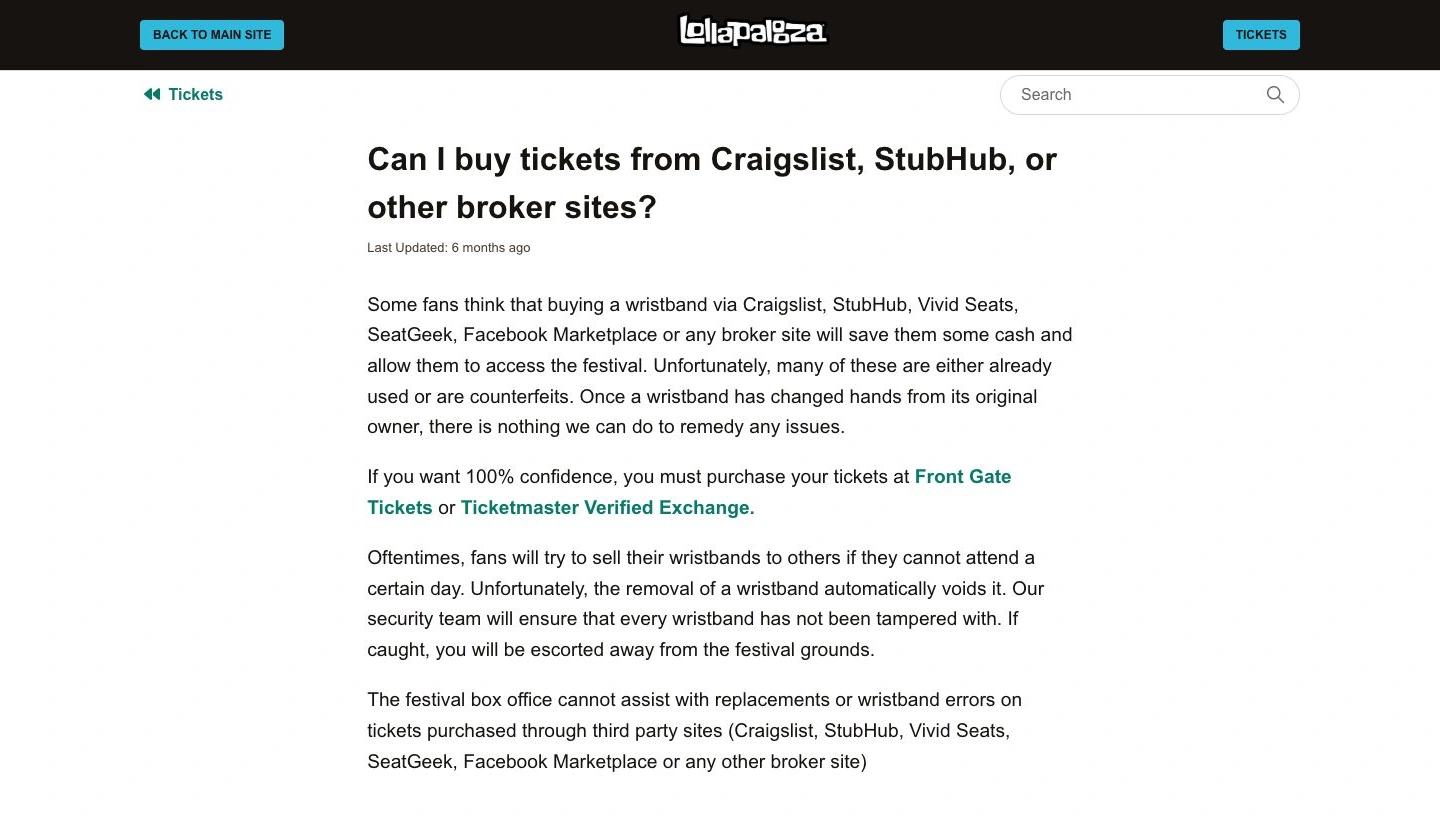 Lollapalooza official help page directs ticket buyers to Front Gate Tickets or the Ticketmaster Verified Exchange
