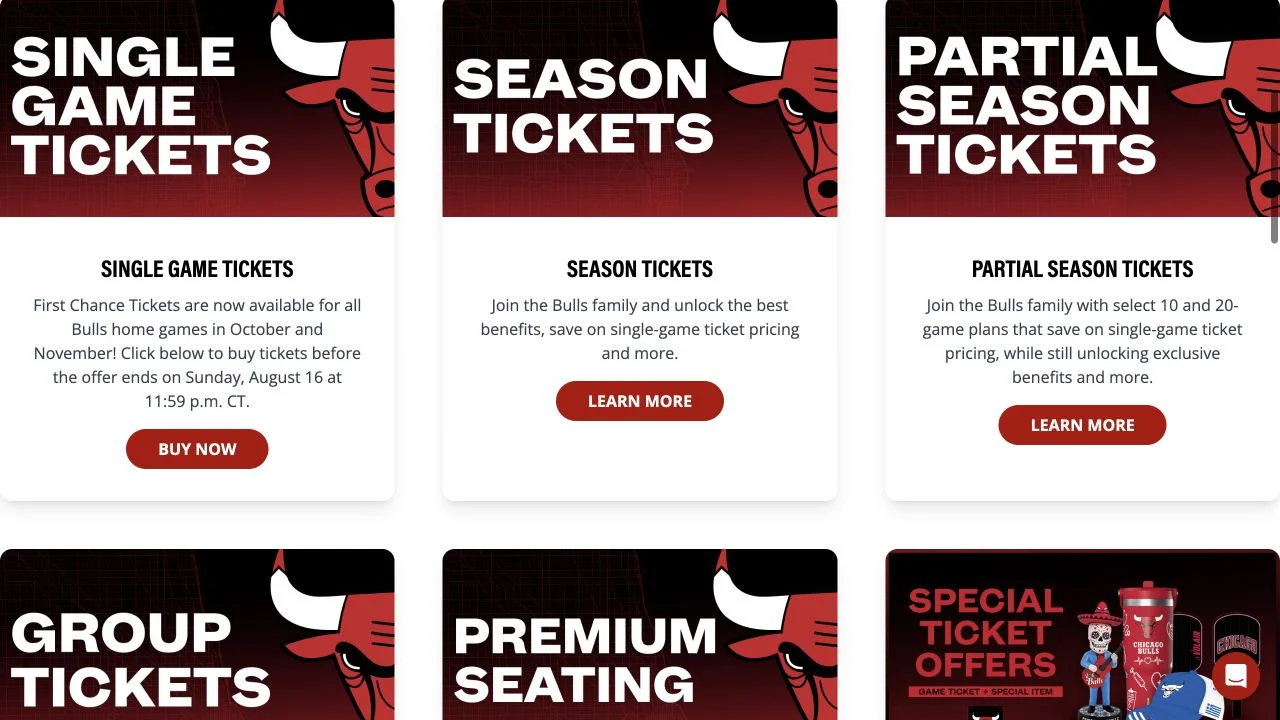 Chicago Bulls ticket cards for single-game, season, and partial-season tickets