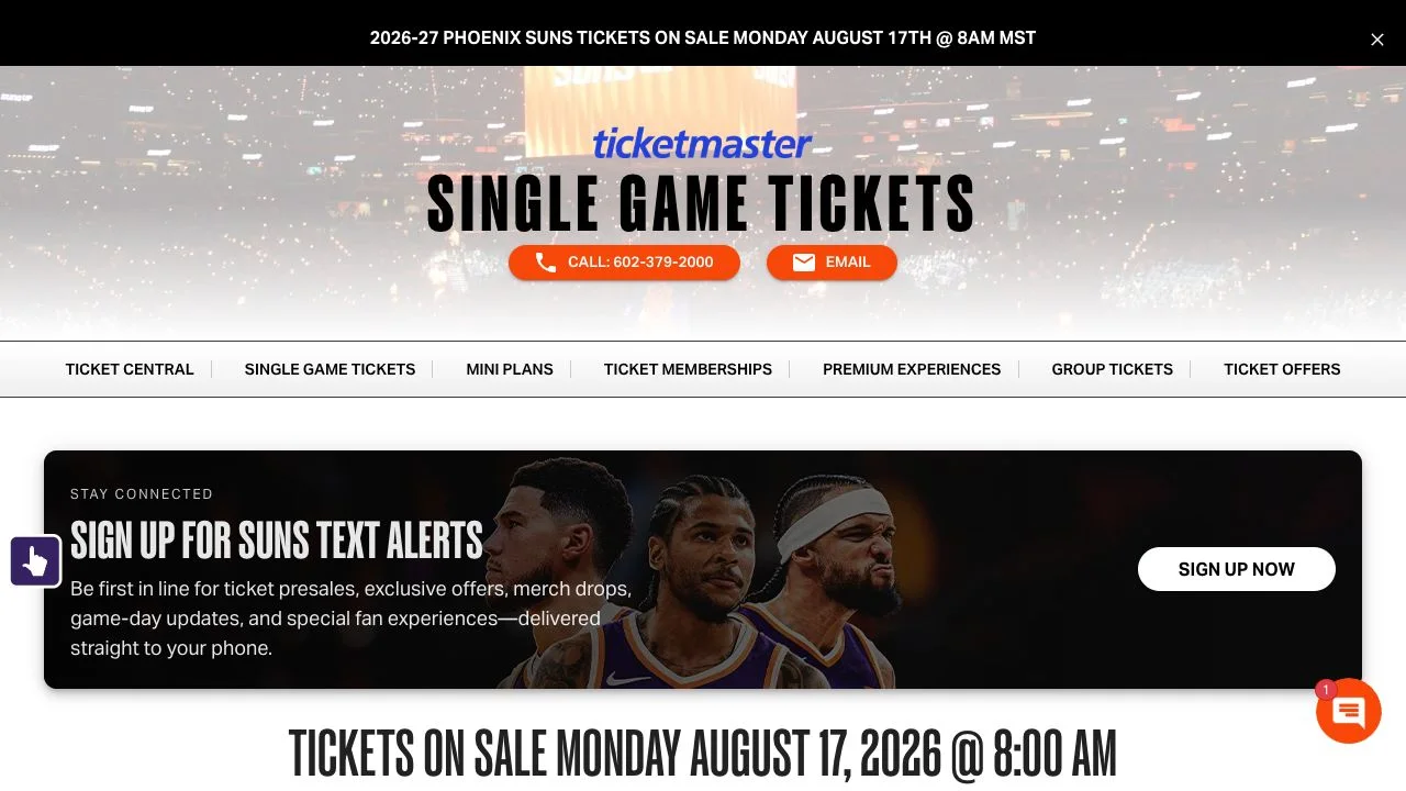 Phoenix Suns single-game ticket page showing the August 17 sale time and native text-alert signup