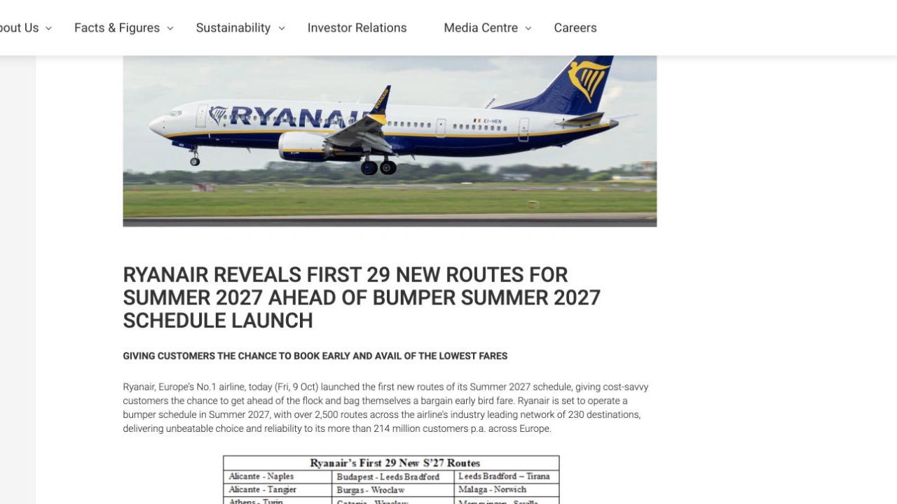Ryanair’s official website displaying its first new summer 2027 routes announcement