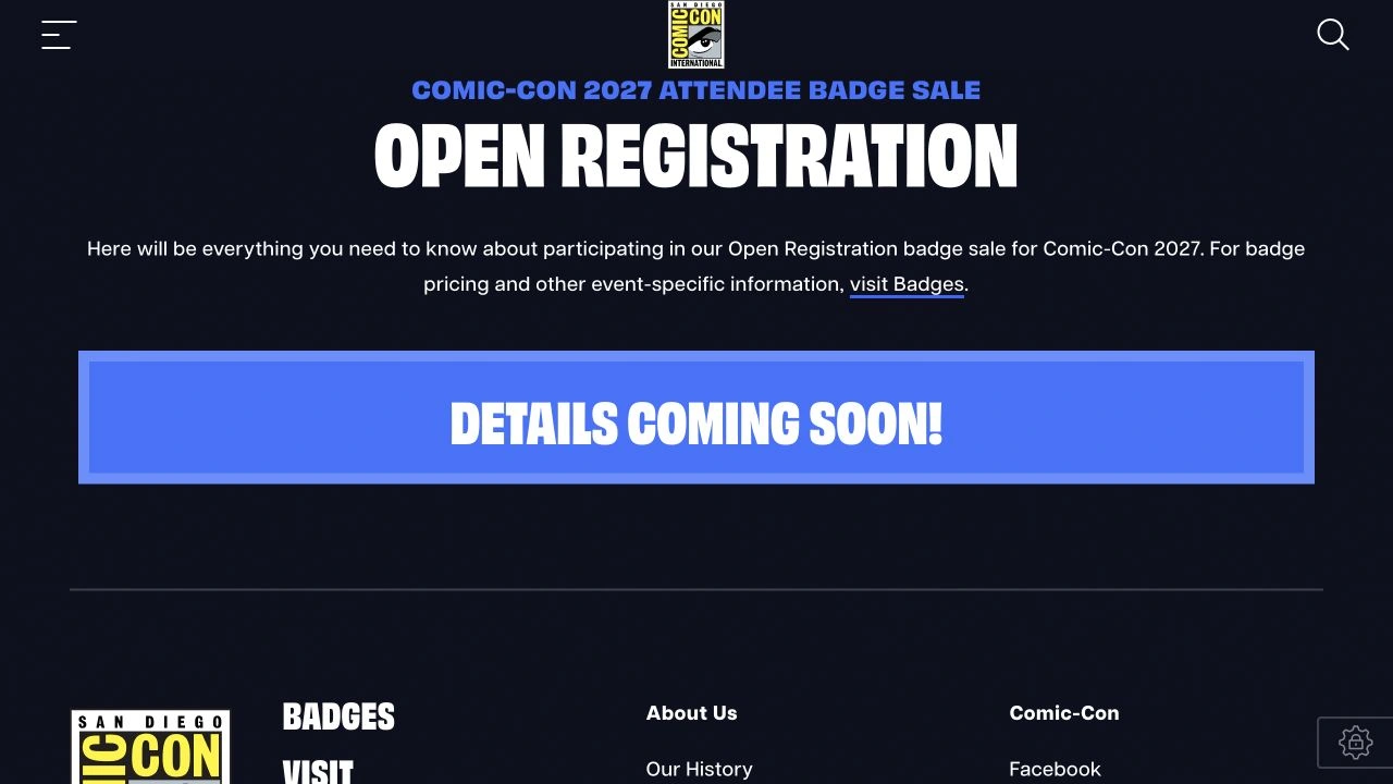 Comic-Con’s official 2027 Open Registration page showing Details coming soon