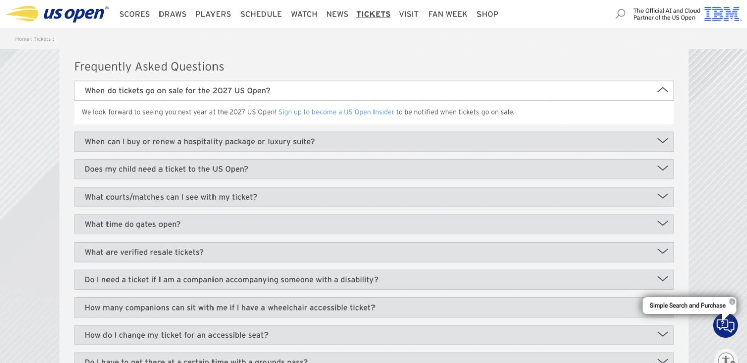 The official US Open tennis FAQ with its 2027 sale question expanded and an invitation to join US Open Insider