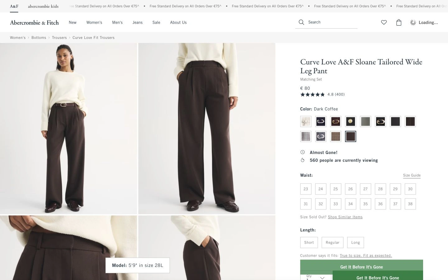 Abercrombie’s branded EU product page showing Dark Coffee trousers and separate waist and length controls