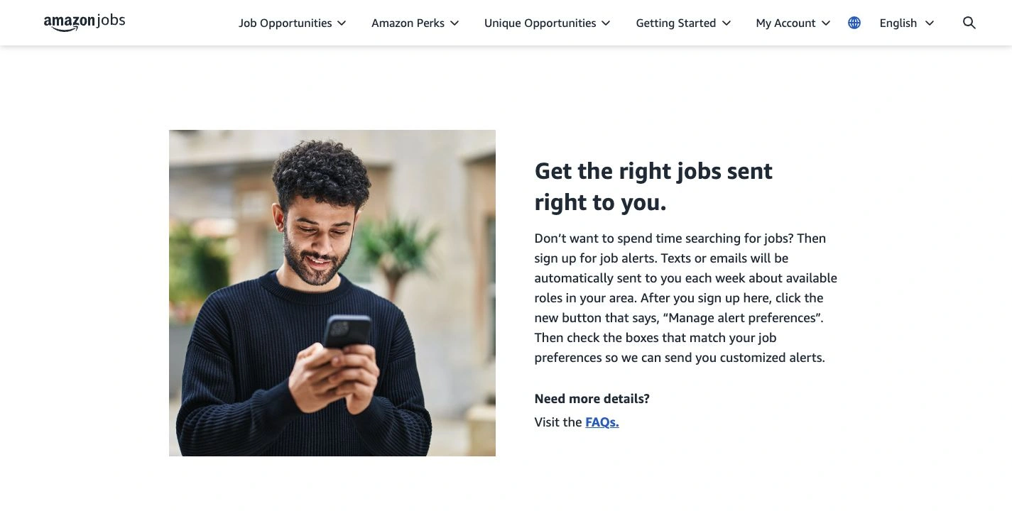 Amazon Jobs’ official page explaining weekly texts or emails and the Manage alert preferences option