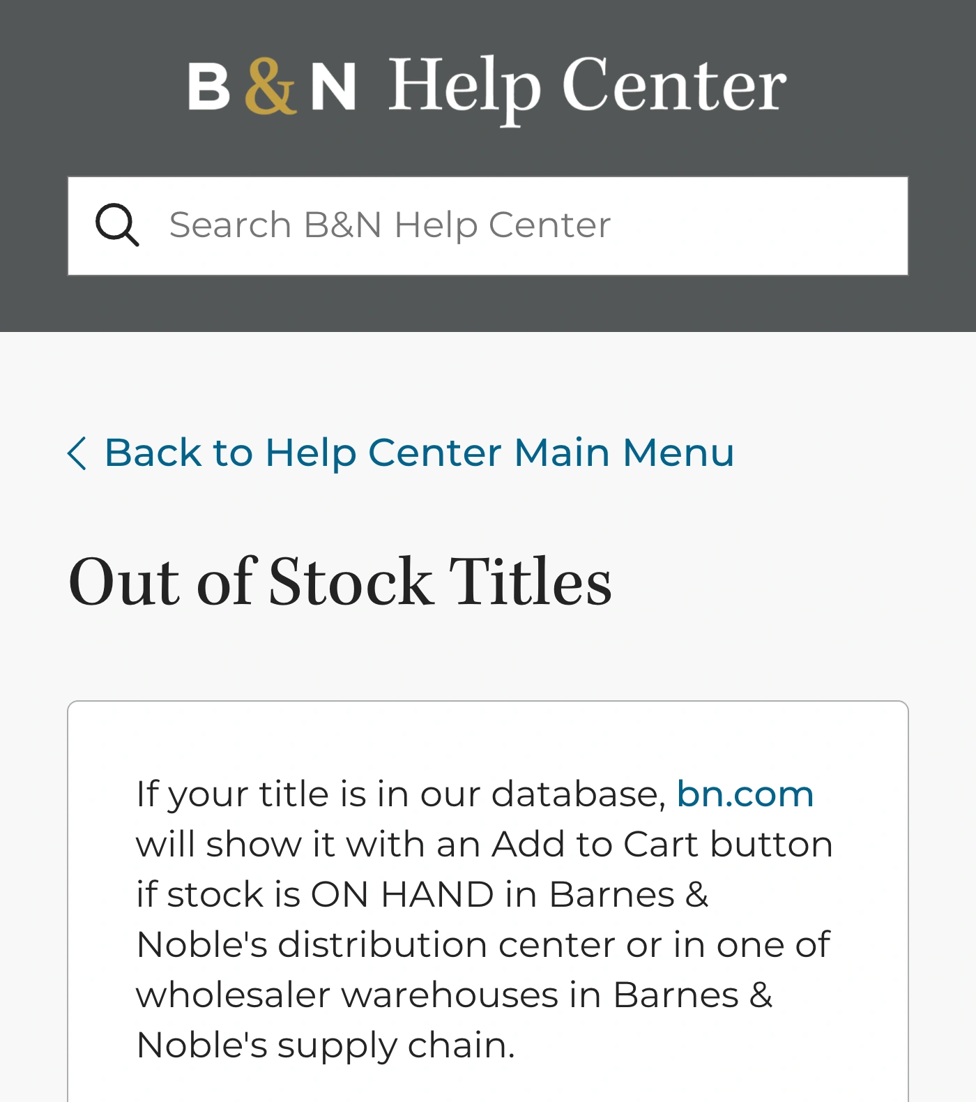 Barnes & Noble Help Center excerpt explaining the relationship between warehouse stock and online orderability