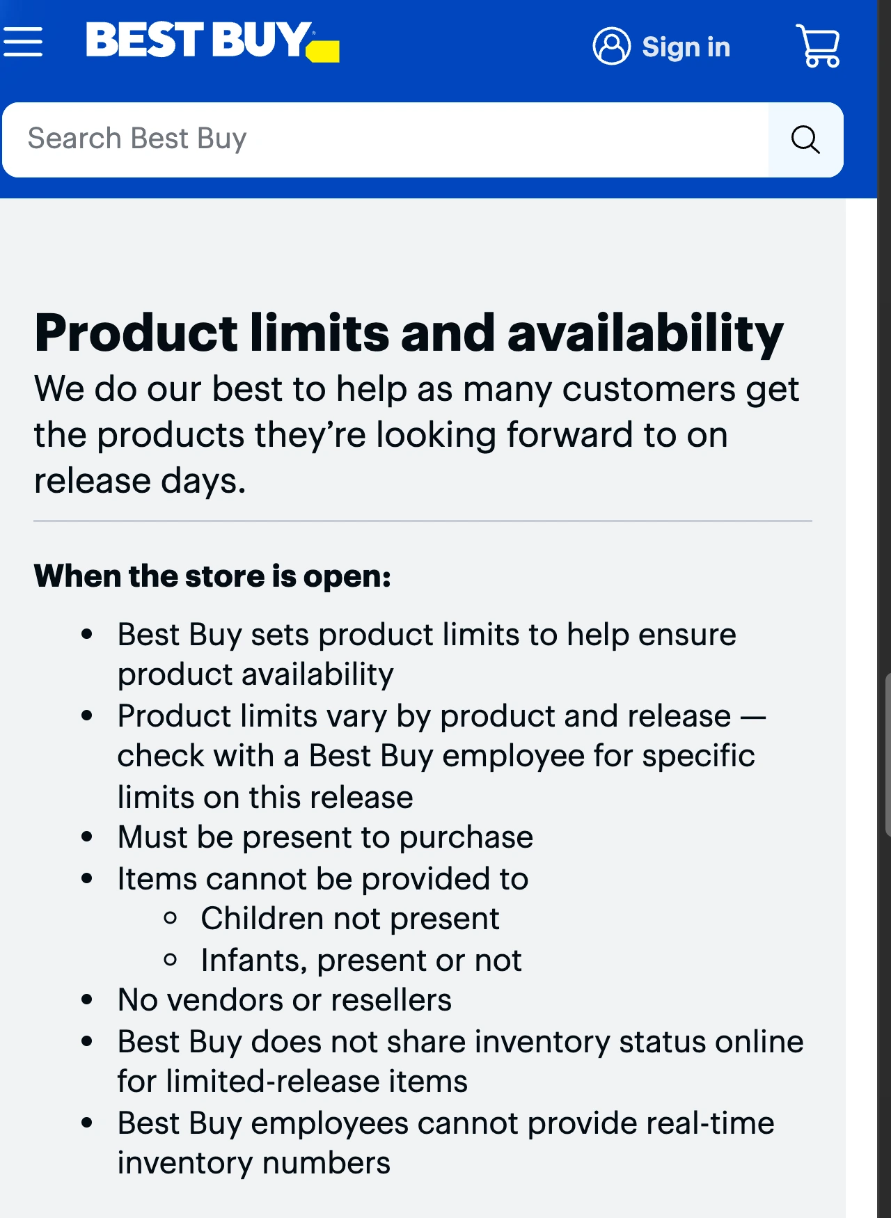 Best Buy's official product availability rules stating that limited-release inventory is not shared online