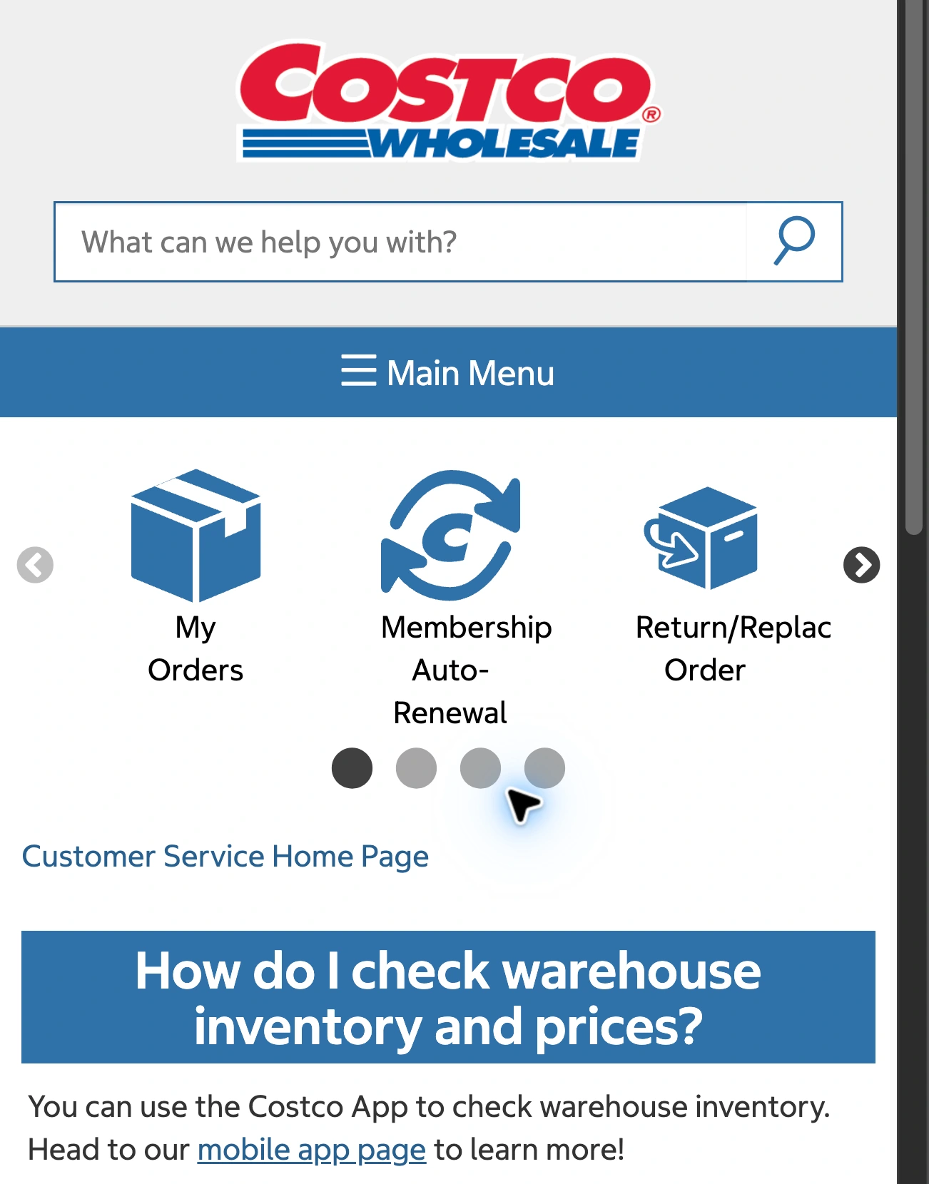Costco’s official customer-service page directing readers to the Costco app for warehouse inventory