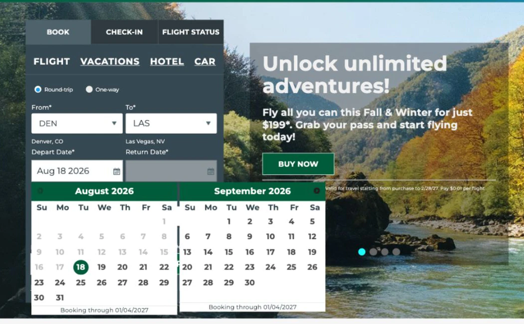 Frontier booking calendar showing dates through January 4 2027