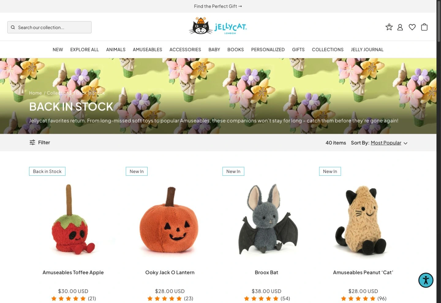 Official Jellycat US Back In Stock collection with 40 items and a mixture of Back in Stock and New In badges