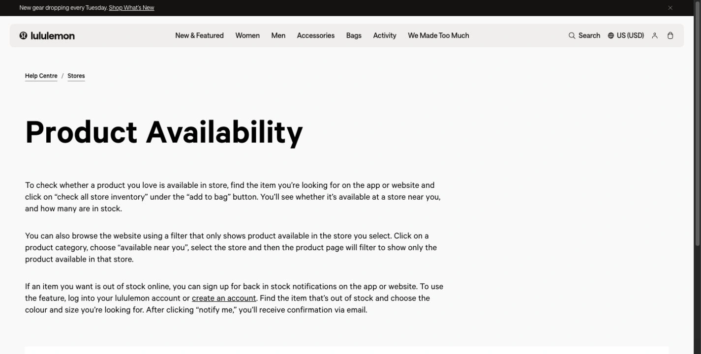 Lululemon U.S. help page with its logo, Tuesday new-gear banner and instructions for store inventory and back-in-stock notifications