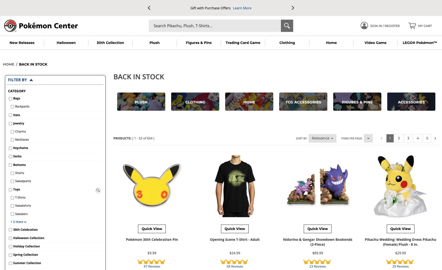 Pokémon Center branding above the official Back in Stock catalog, its category filters and returned merchandise
