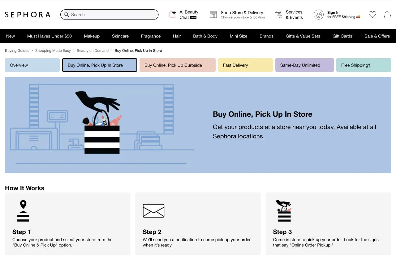Sephora’s official pickup guide showing product and store selection followed by a ready notification