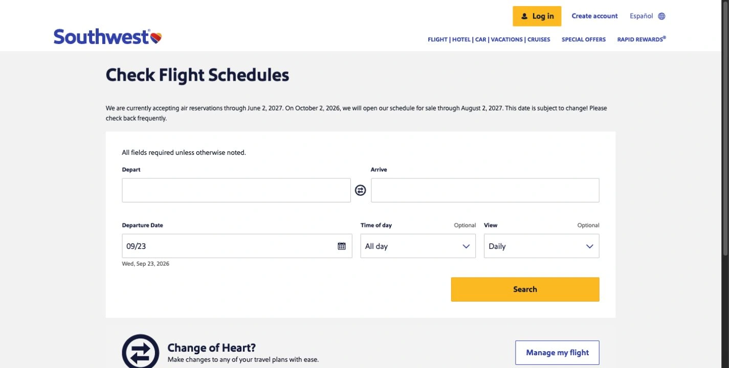 Southwest’s branded flight-schedules page showing the current June 2027 booking horizon and an October 2 release through August 2027