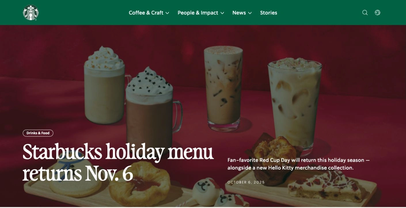 Starbucks' official holiday-menu announcement with the November 6 headline and October 6, 2025 publication date visible