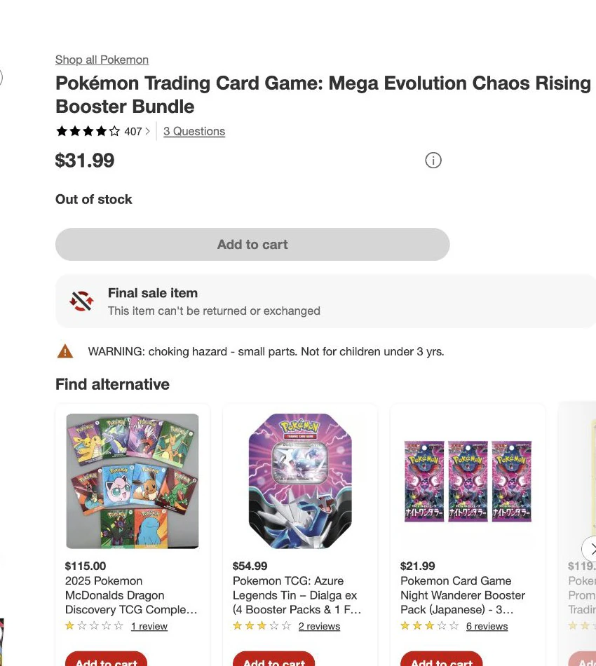 Target Chaos Rising Booster Bundle page showing the exact product title, price, Out of stock status, and disabled Add to cart button