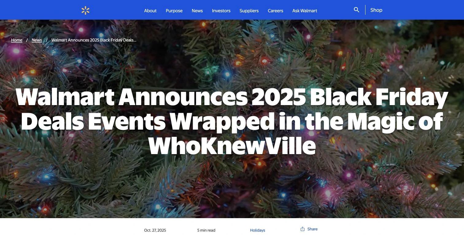 Walmart's official Black Friday announcement explicitly names 2025 and displays its October 27, 2025 publication date