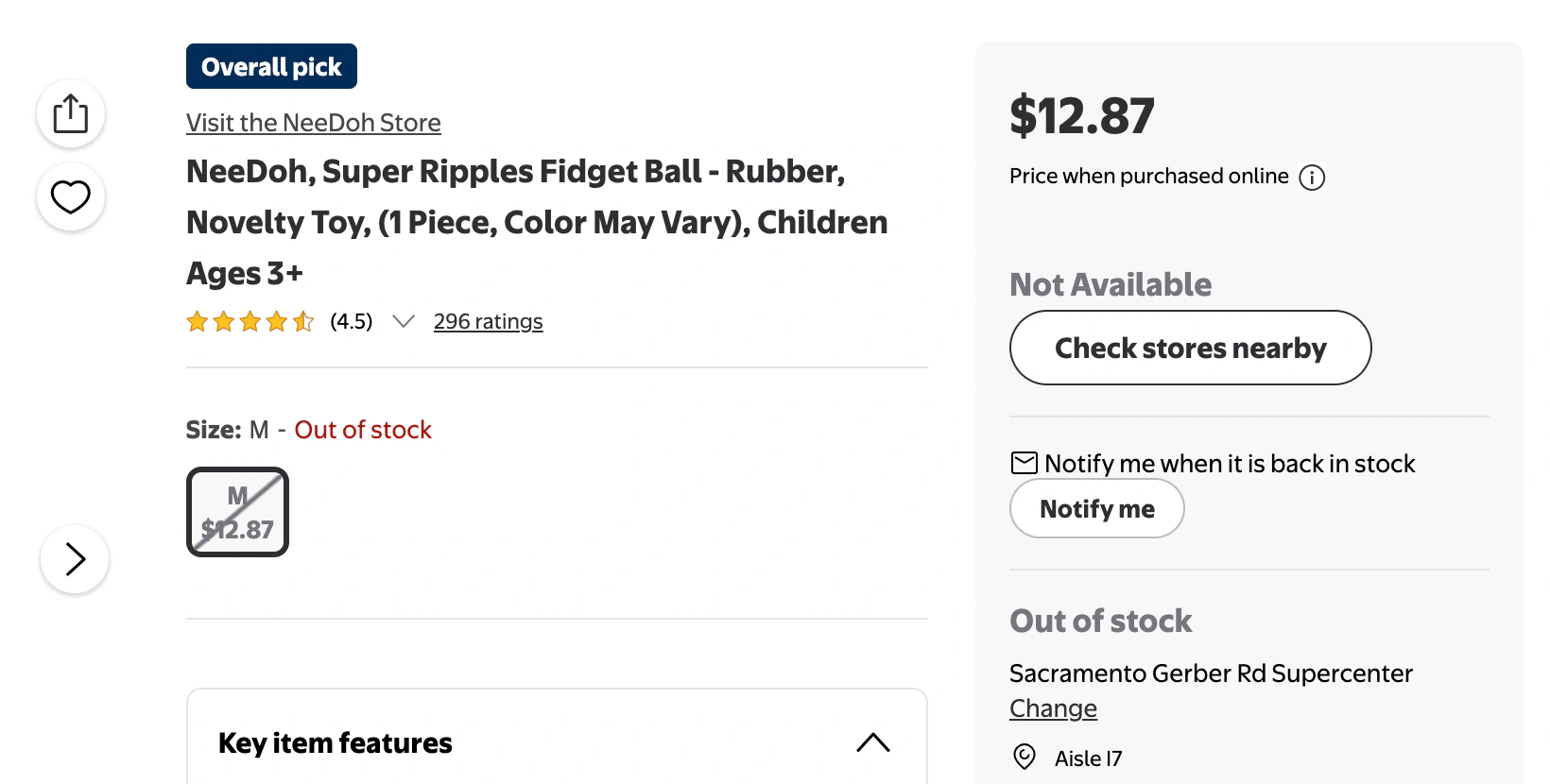 Walmart Super Ripples page showing Notify me, Out of stock, Sacramento Gerber Road Supercenter, Aisle I7, and Check stores nearby
