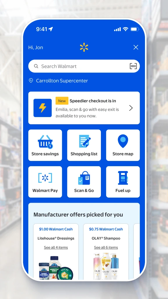 Walmart Store Mode screen with Carrollton Supercenter selected above the store search and map tools
