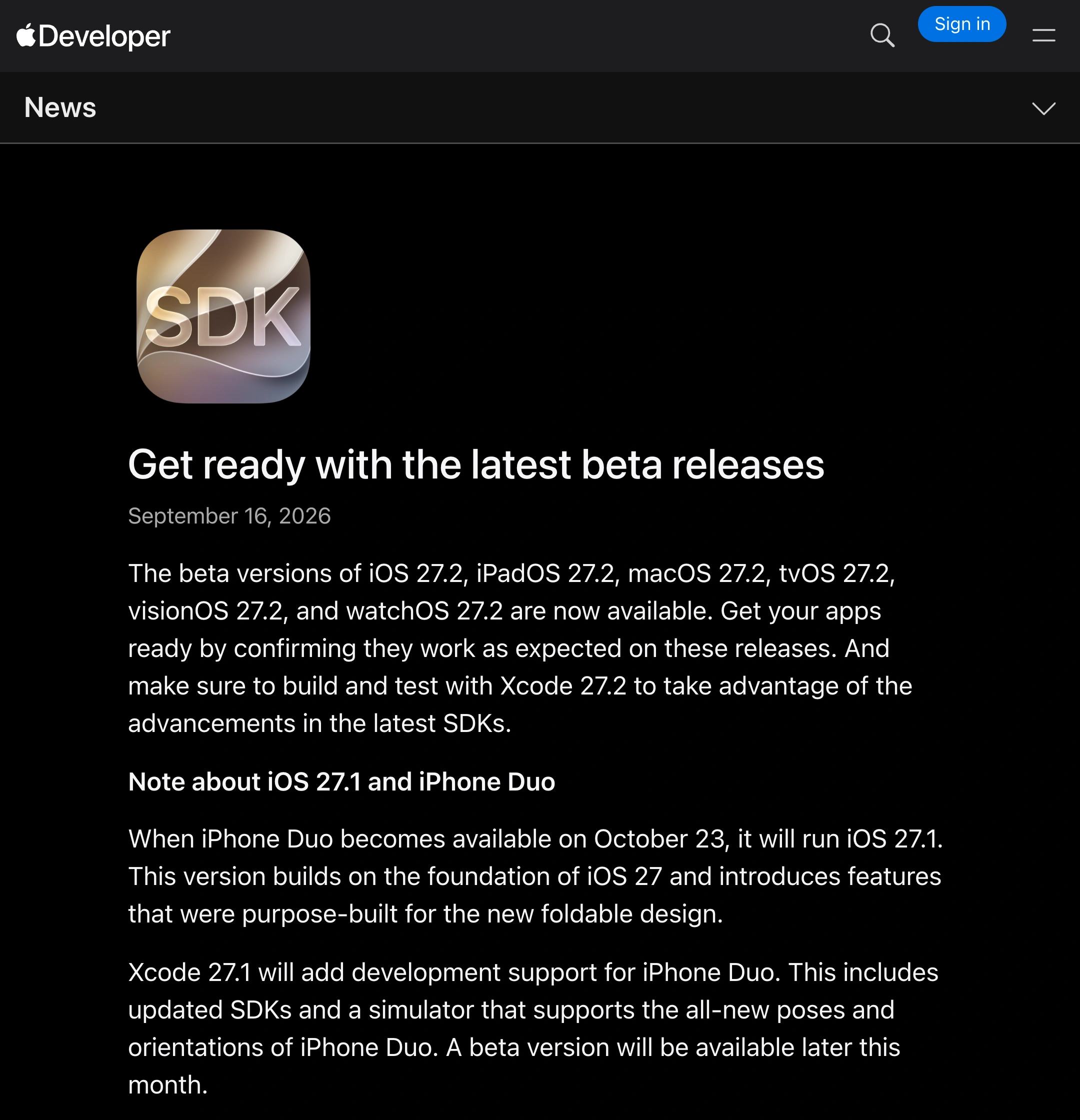 Apple Developer announcement dated September 16, 2026 identifies the newly available releases as beta versions