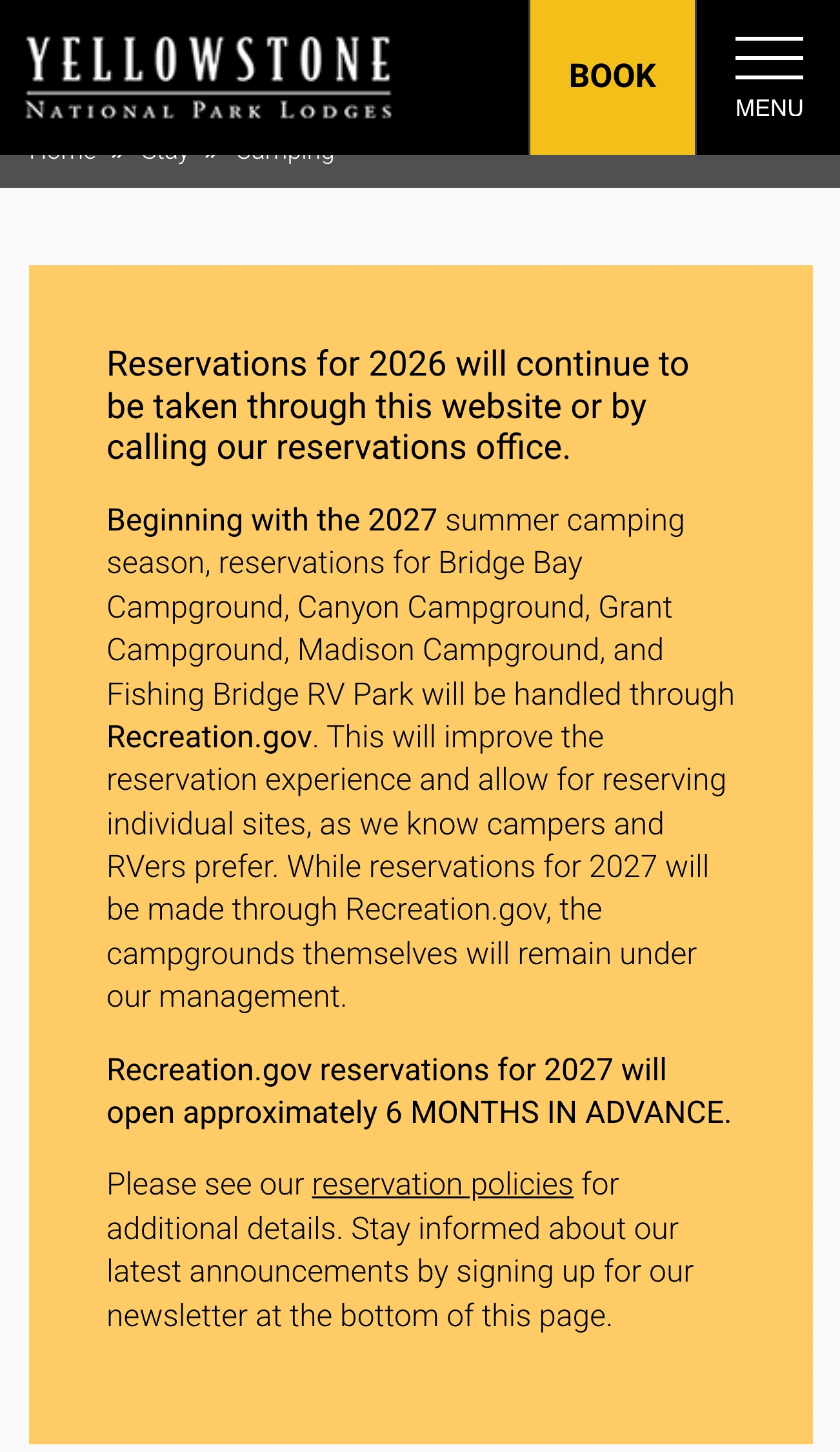Yellowstone National Park Lodges’ official notice explaining the 2027 move to Recreation.gov and approximate six-month window
