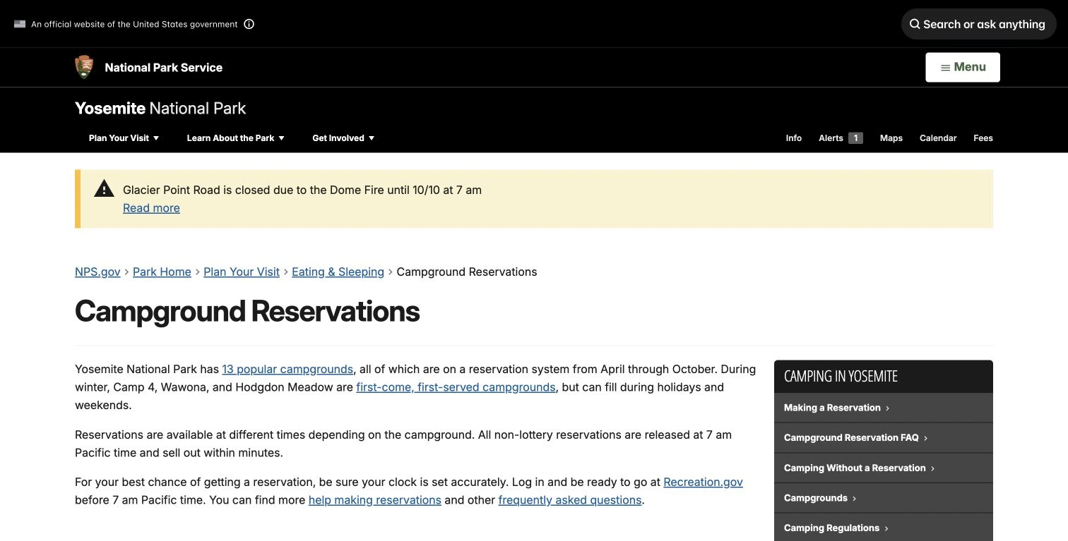 Official NPS Yosemite reservation page showing the National Park Service header and the 7 am Pacific release guidance